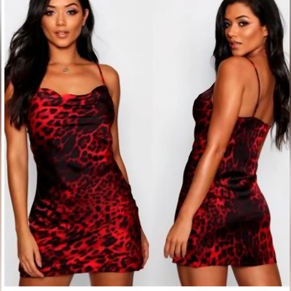 Boo Hoo Leopard Cowl Neck Spaghetti Strap Zip Mini Dress
